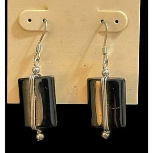 Vintage Black Earrings, Silver Toned Wire Wrapped Black Earrings Estate Find